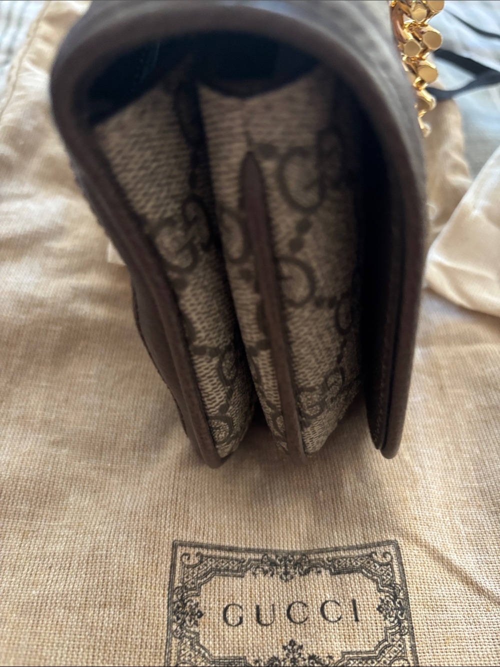 Gucci Brown GG Canvas Shoulder Bag with Gold Heart Logo and Chain Handle - Picture 9 of 13